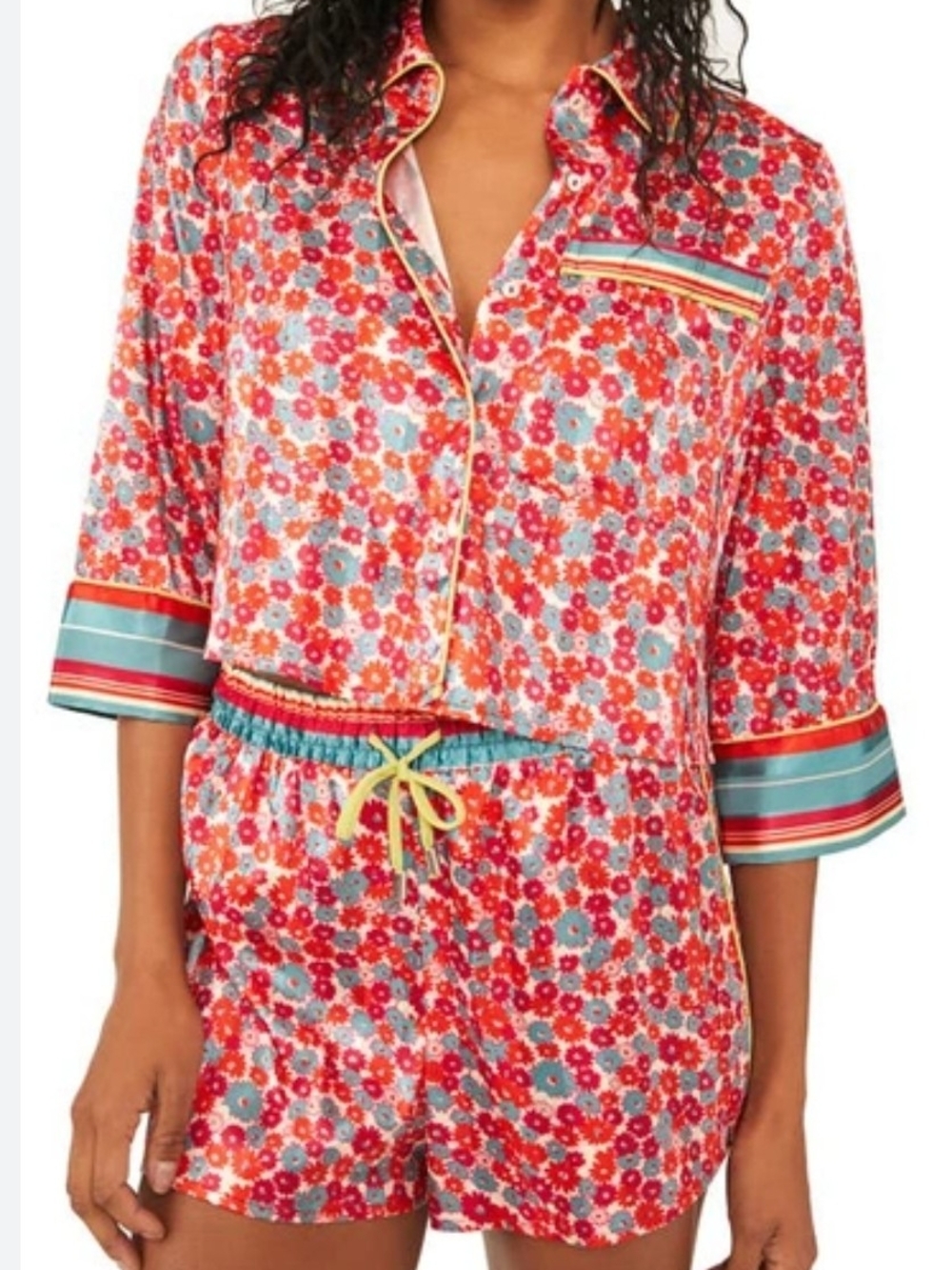 Free People Multicolor Floral Cotton Pajama Set in Red, Blue & Yellow
